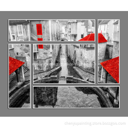 5 Panels Street Sights Glass Paintings